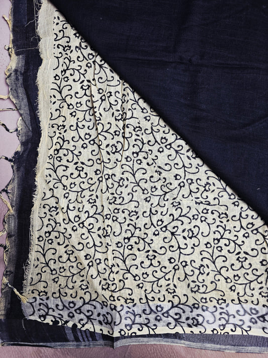 Midnight Bloom Linen Cotton  Saree with Ivory Floral Border
