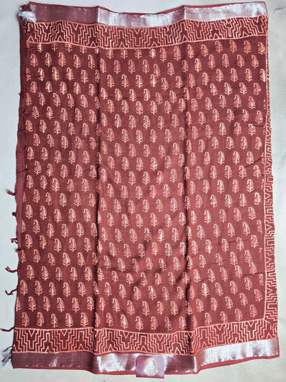 Rustwood Leaf Linen Cotton  Saree with Peach Motifs & Geometric Border