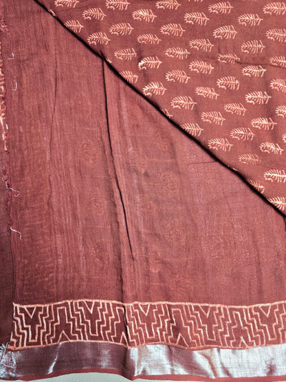 Rustwood Leaf Linen Cotton  Saree with Peach Motifs & Geometric Border