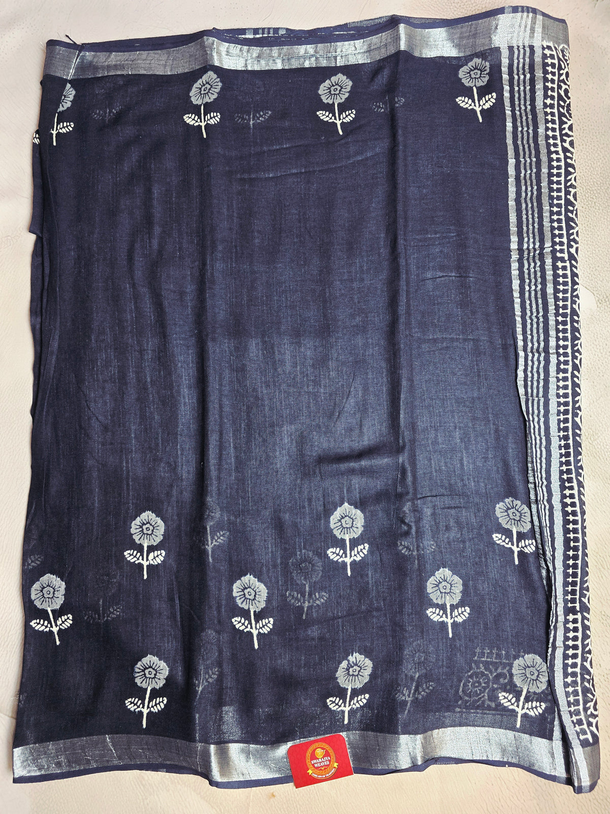 Indigo Garden Linen Cotton  Saree with Ivory Floral Motifs