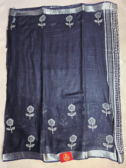 Indigo Garden Linen Cotton  Saree with Ivory Floral Motifs