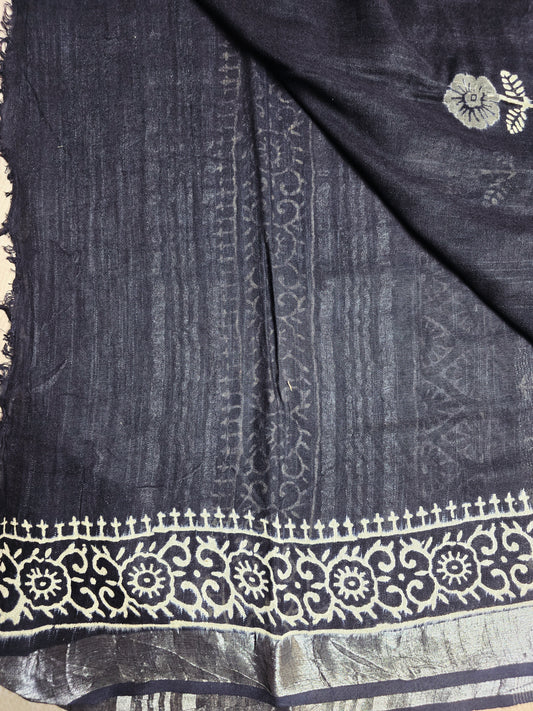 Indigo Garden Linen Cotton  Saree with Ivory Floral Motifs