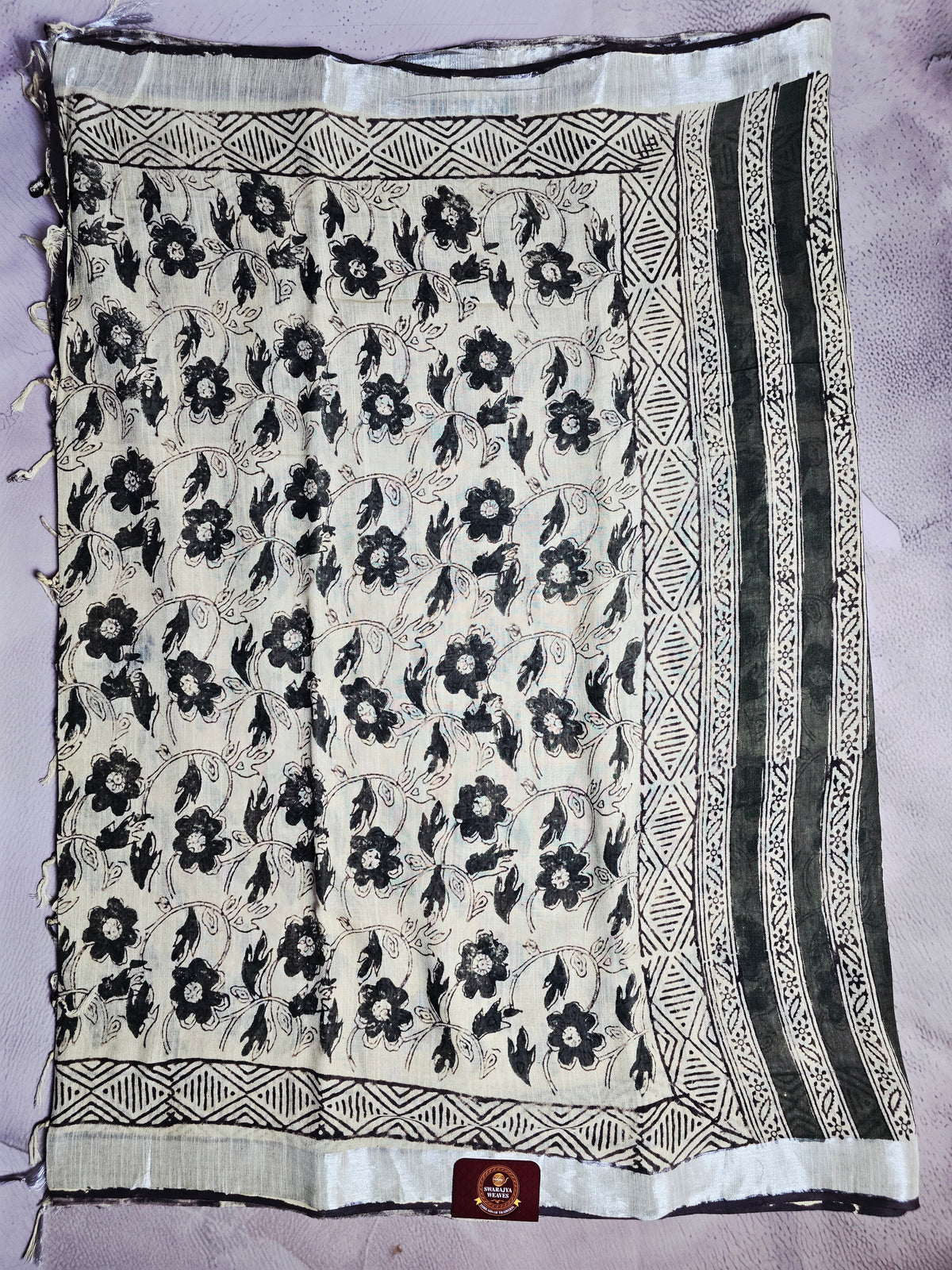 Ivory Noir Floral Linen Cotton  Saree