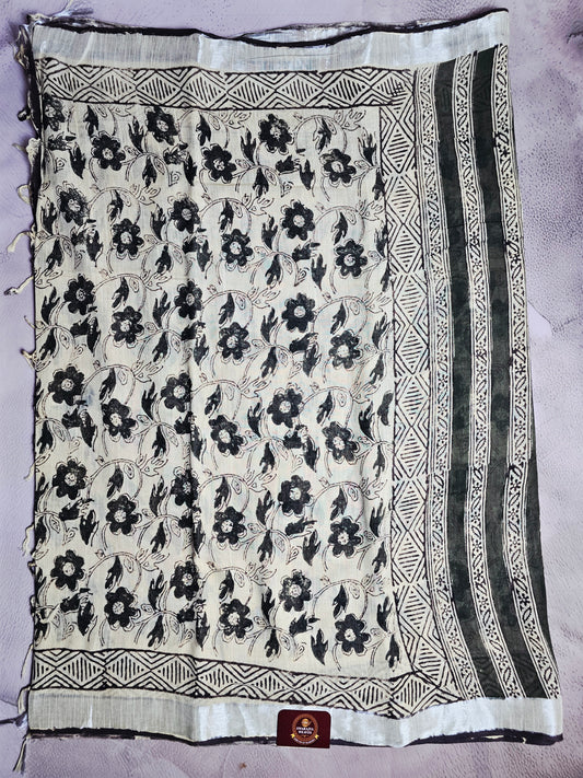 Ivory Noir Floral Linen Cotton  Saree