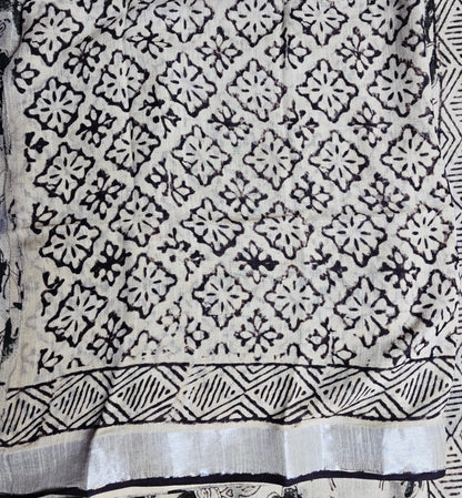 Ivory Noir Floral Linen Cotton  Saree