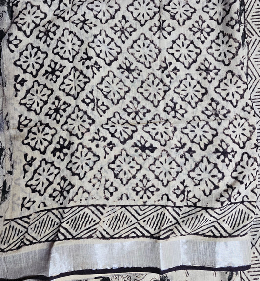 Ivory Noir Floral Linen Cotton  Saree