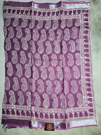 Royal Paisley Motif Linen Cotton Saree