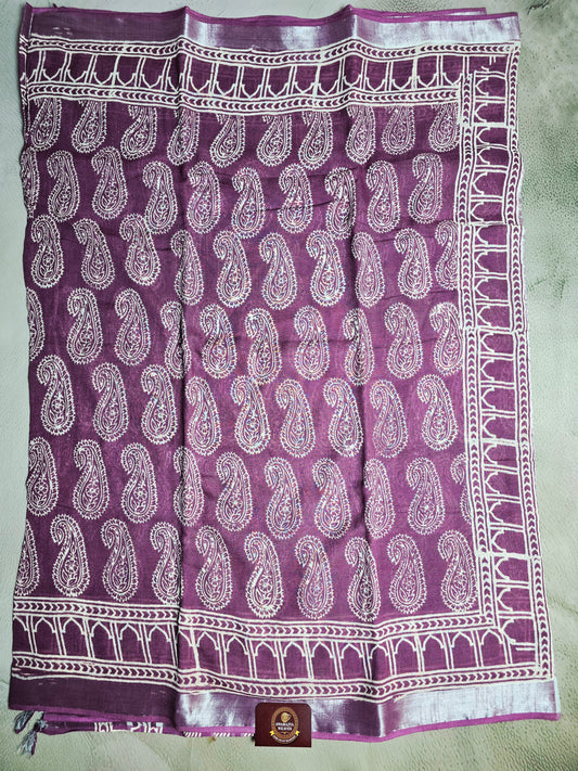 Royal Paisley Motif Linen Cotton Saree