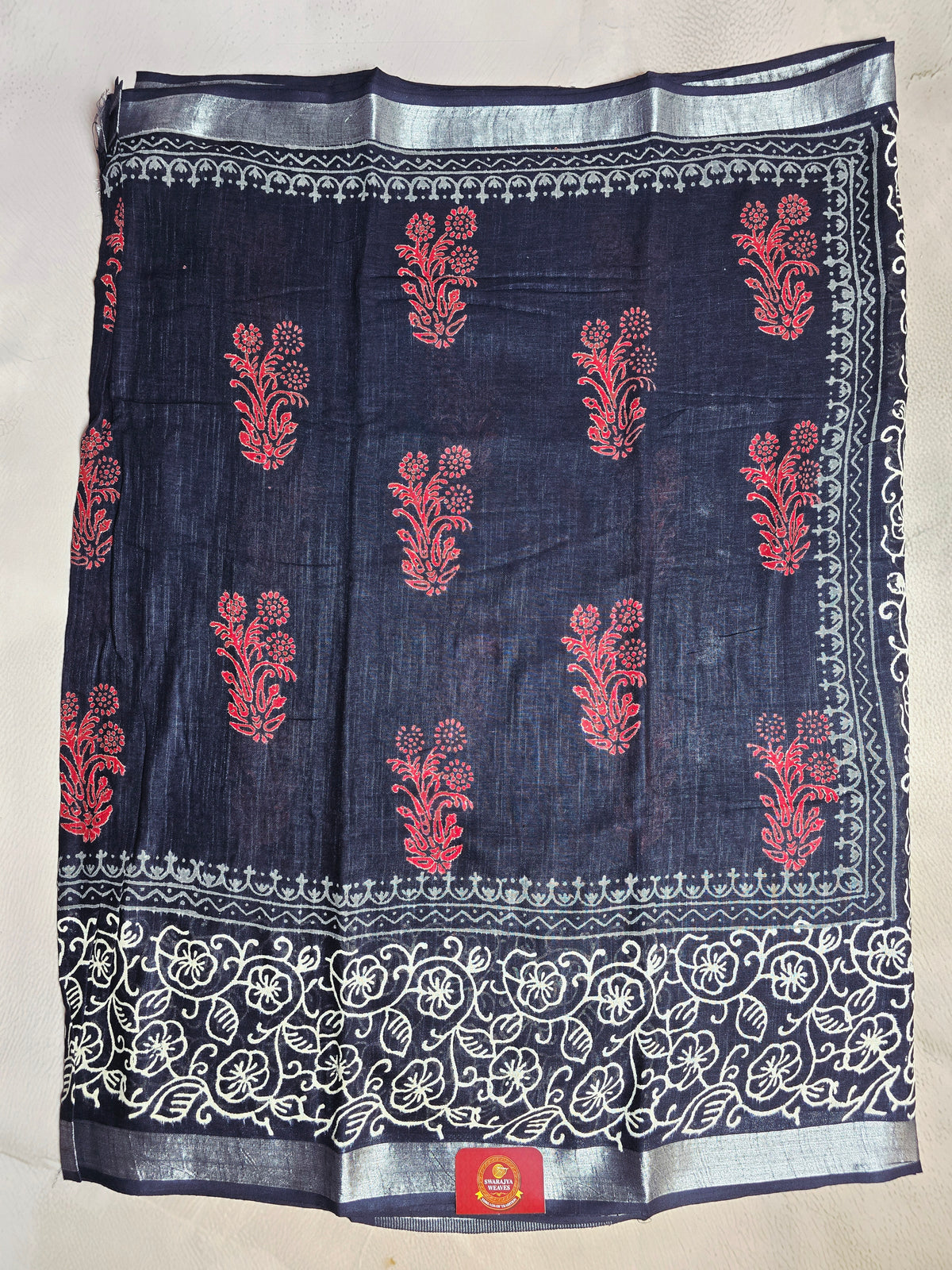 Indigo & Crimson Botanical Linen Cotton  Saree