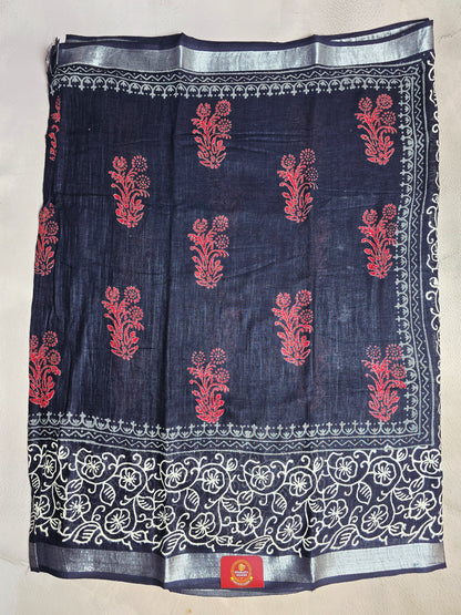 Indigo & Crimson Botanical Linen Cotton  Saree