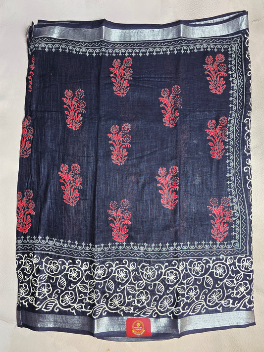 Indigo & Crimson Botanical Linen Cotton  Saree