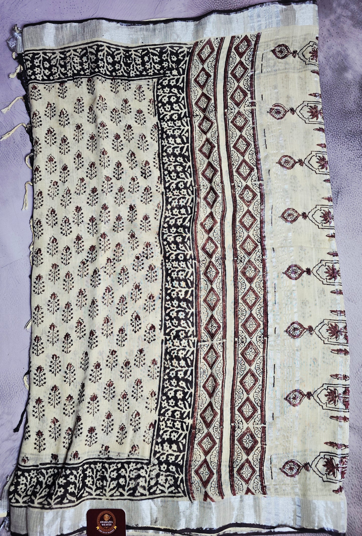 Ivory, Black & Maroon Floral Motif Linen Cotton  Saree
