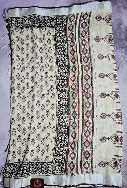 Ivory, Black & Maroon Floral Motif Linen Cotton  Saree