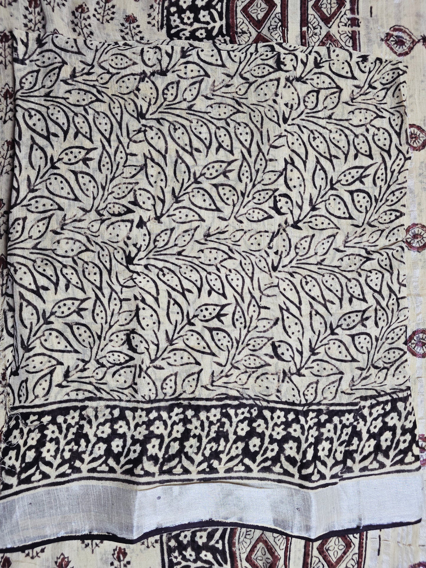 Ivory, Black & Maroon Floral Motif Linen Cotton  Saree