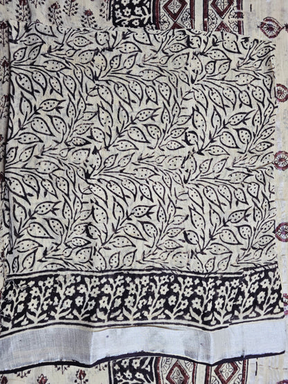 Ivory, Black & Maroon Floral Motif Linen Cotton  Saree