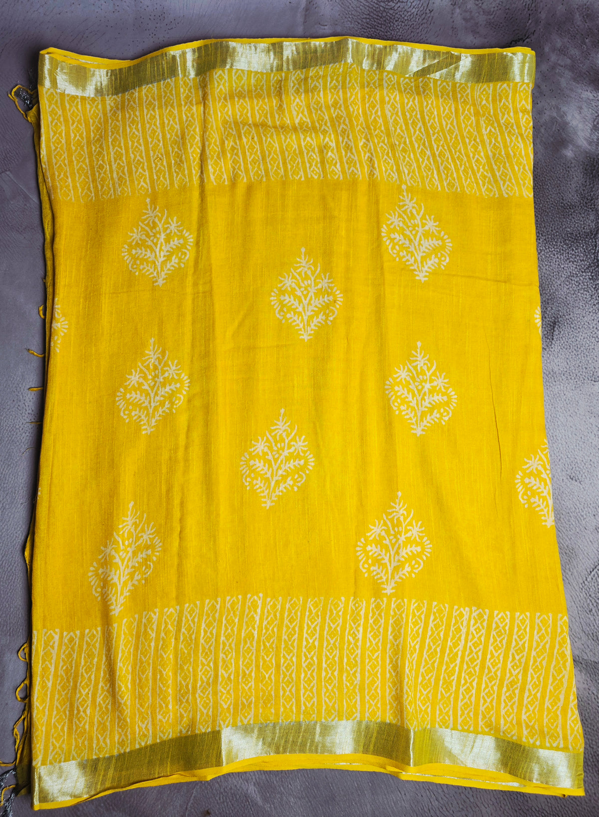 Sunshine Yellow Linen Cotton  Saree with Ivory Floral Motifs & Golden Border