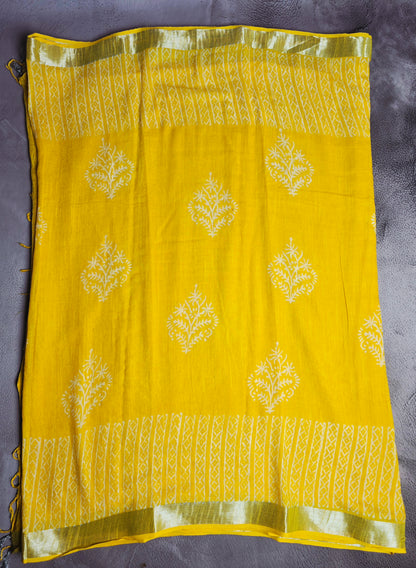 Sunshine Yellow Linen Cotton  Saree with Ivory Floral Motifs & Golden Border