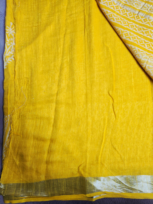 Sunshine Yellow Linen Cotton  Saree with Ivory Floral Motifs & Golden Border