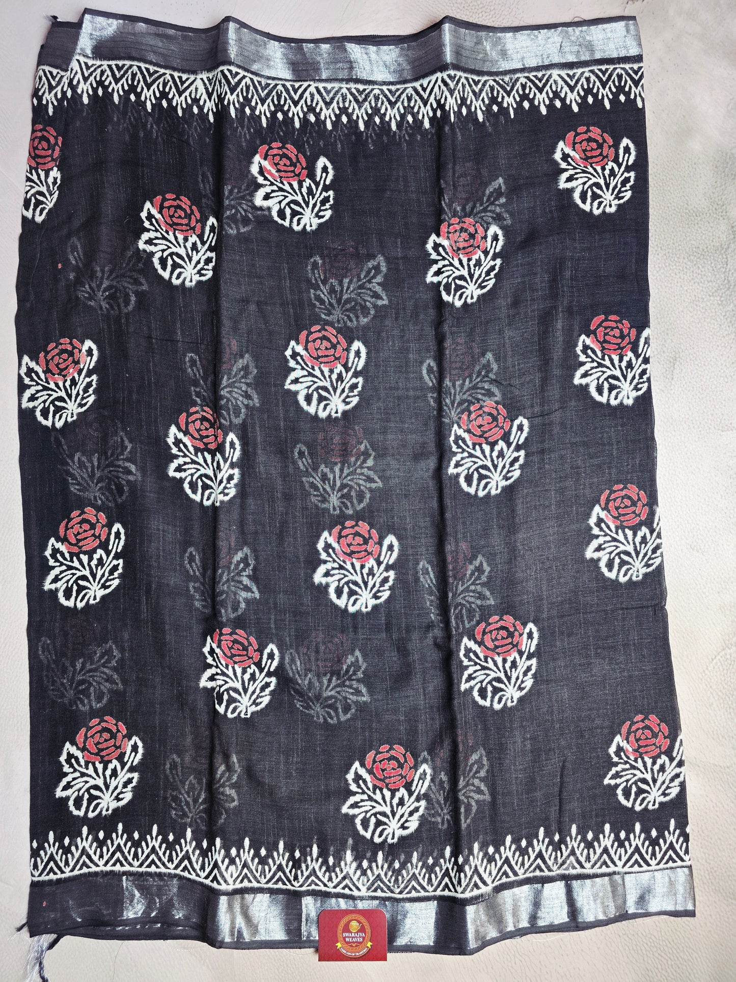 Charcoal Black Linen Cotton  Saree with Coral Rose Motifs & Silver Border