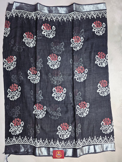 Charcoal Black Linen Cotton  Saree with Coral Rose Motifs & Silver Border
