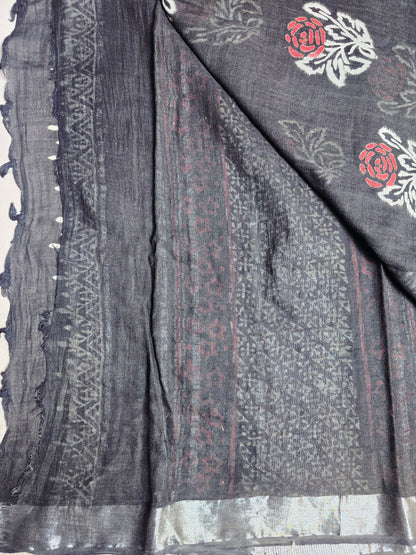 Charcoal Black Linen Cotton  Saree with Coral Rose Motifs & Silver Border