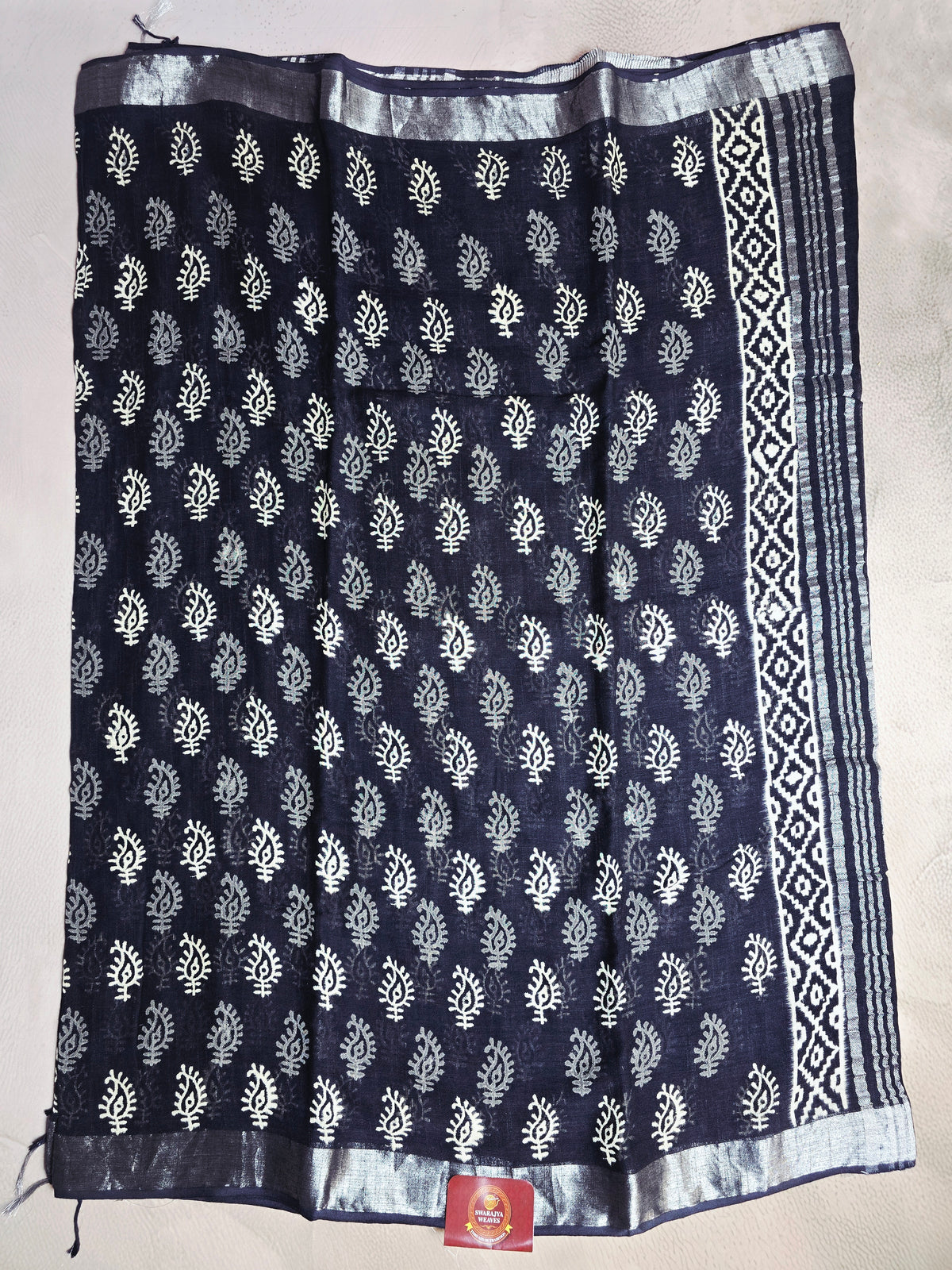 Navy Blue Linen Cotton Saree with Ivory & Silver Paisley Motifs and Geometric Border