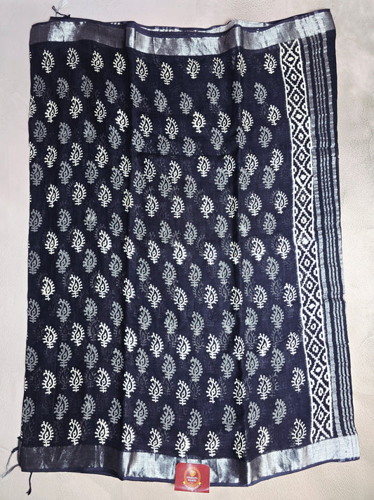Navy Blue Linen Cotton Saree with Ivory & Silver Paisley Motifs and Geometric Border