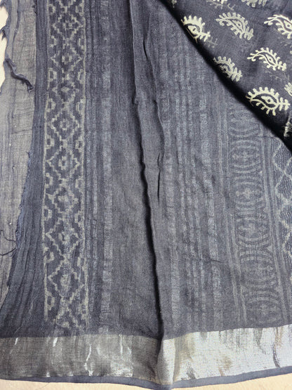 Navy Blue Linen Cotton Saree with Ivory & Silver Paisley Motifs and Geometric Border