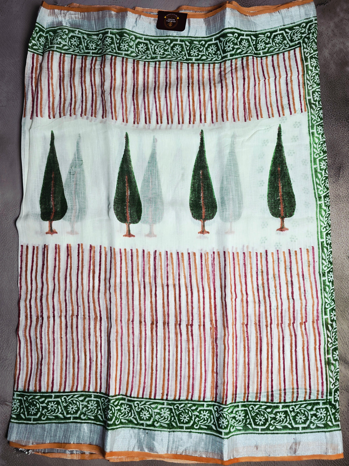 Ivory Linen Cotton  Saree with Forest Green Trees, Rust Stripes & Floral Border