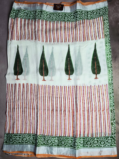 Ivory Linen Cotton  Saree with Forest Green Trees, Rust Stripes & Floral Border