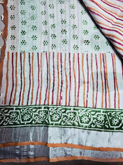 Ivory Linen Cotton  Saree with Forest Green Trees, Rust Stripes & Floral Border