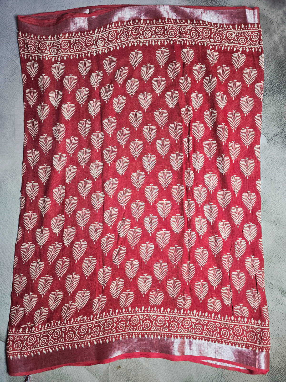 Crimson Red Linen Cotton Saree with Ivory Leaf Motifs & Traditional Floral Border