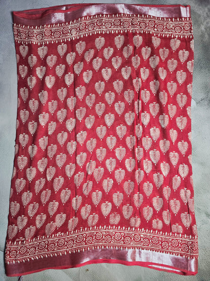 Crimson Red Linen Cotton Saree with Ivory Leaf Motifs & Traditional Floral Border