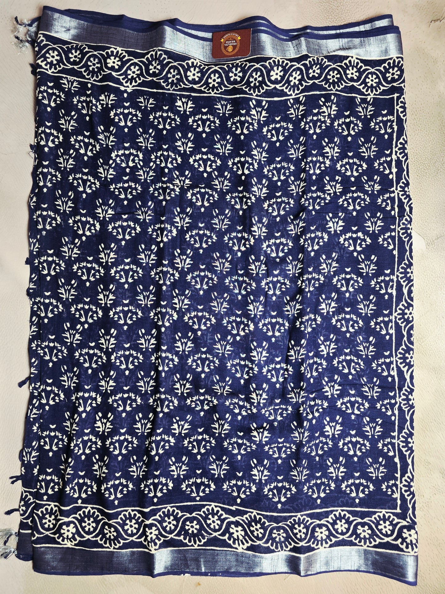 Indigo Blue Linen Cotton  Saree with Ivory Floral Sprigs & Ornate Scalloped Border