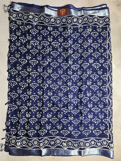 Indigo Blue Linen Cotton  Saree with Ivory Floral Sprigs & Ornate Scalloped Border