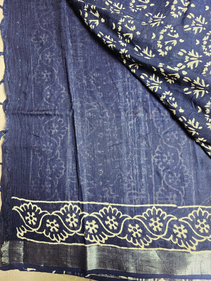 Indigo Blue Linen Cotton  Saree with Ivory Floral Sprigs & Ornate Scalloped Border