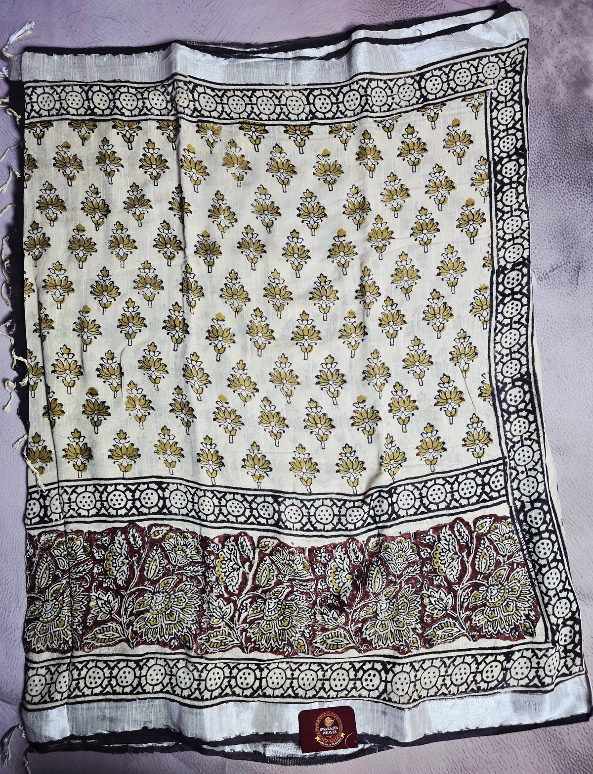 Ivory Linen Cotton  Saree with Mustard Floral Motifs, Maroon Kalamkari Panel & Black Floral Borders