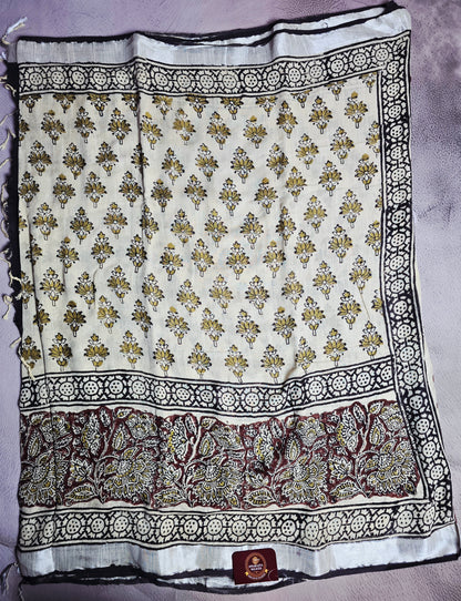 Ivory Linen Cotton  Saree with Mustard Floral Motifs, Maroon Kalamkari Panel & Black Floral Borders