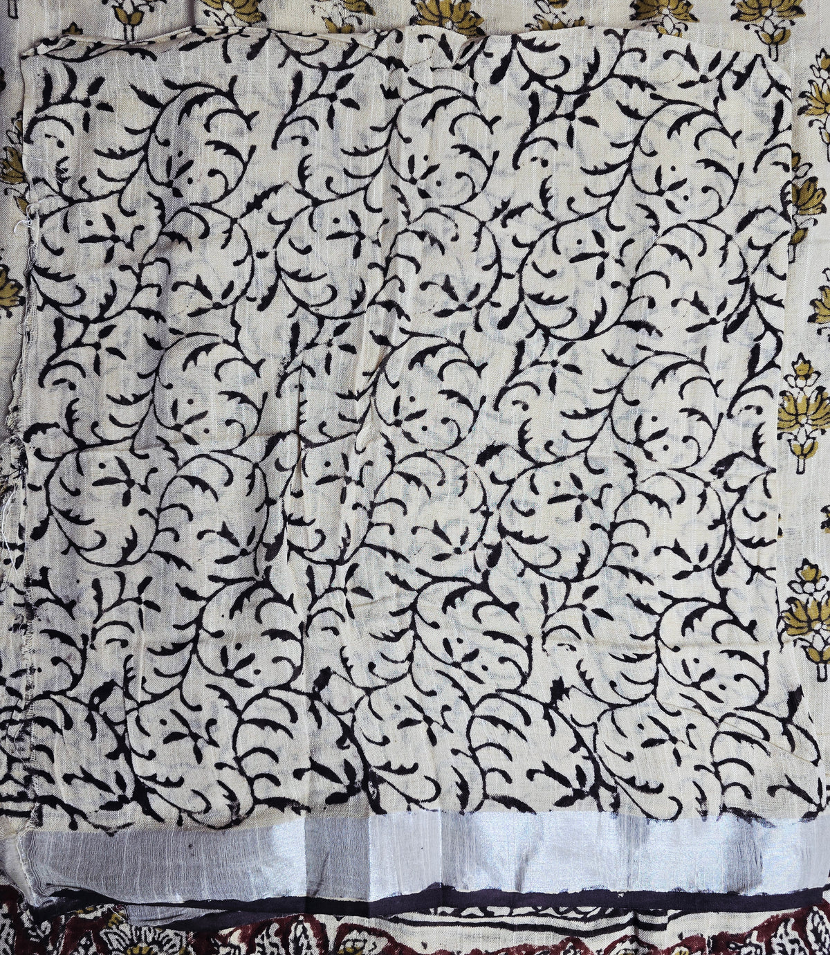 Ivory Linen Cotton  Saree with Mustard Floral Motifs, Maroon Kalamkari Panel & Black Floral Borders