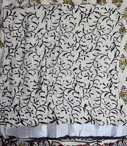Ivory Linen Cotton  Saree with Mustard Floral Motifs, Maroon Kalamkari Panel & Black Floral Borders