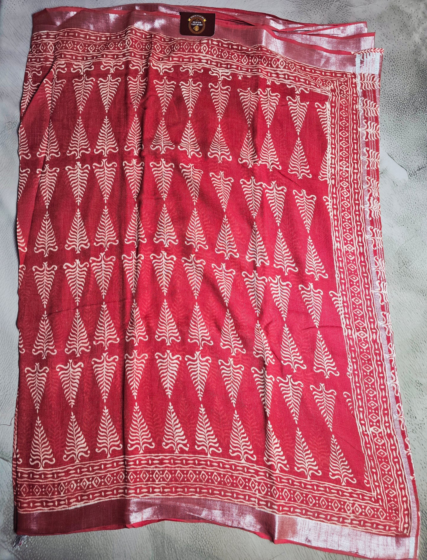 Crimson Red Linen Cotton Saree with Ivory Leaf Motifs & Geometric Handblock Border