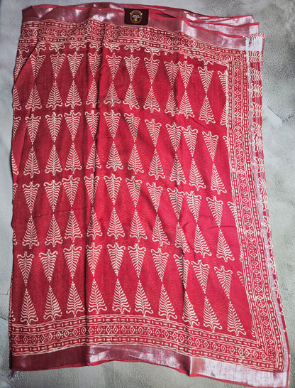 Crimson Red Linen Cotton Saree with Ivory Leaf Motifs & Geometric Handblock Border