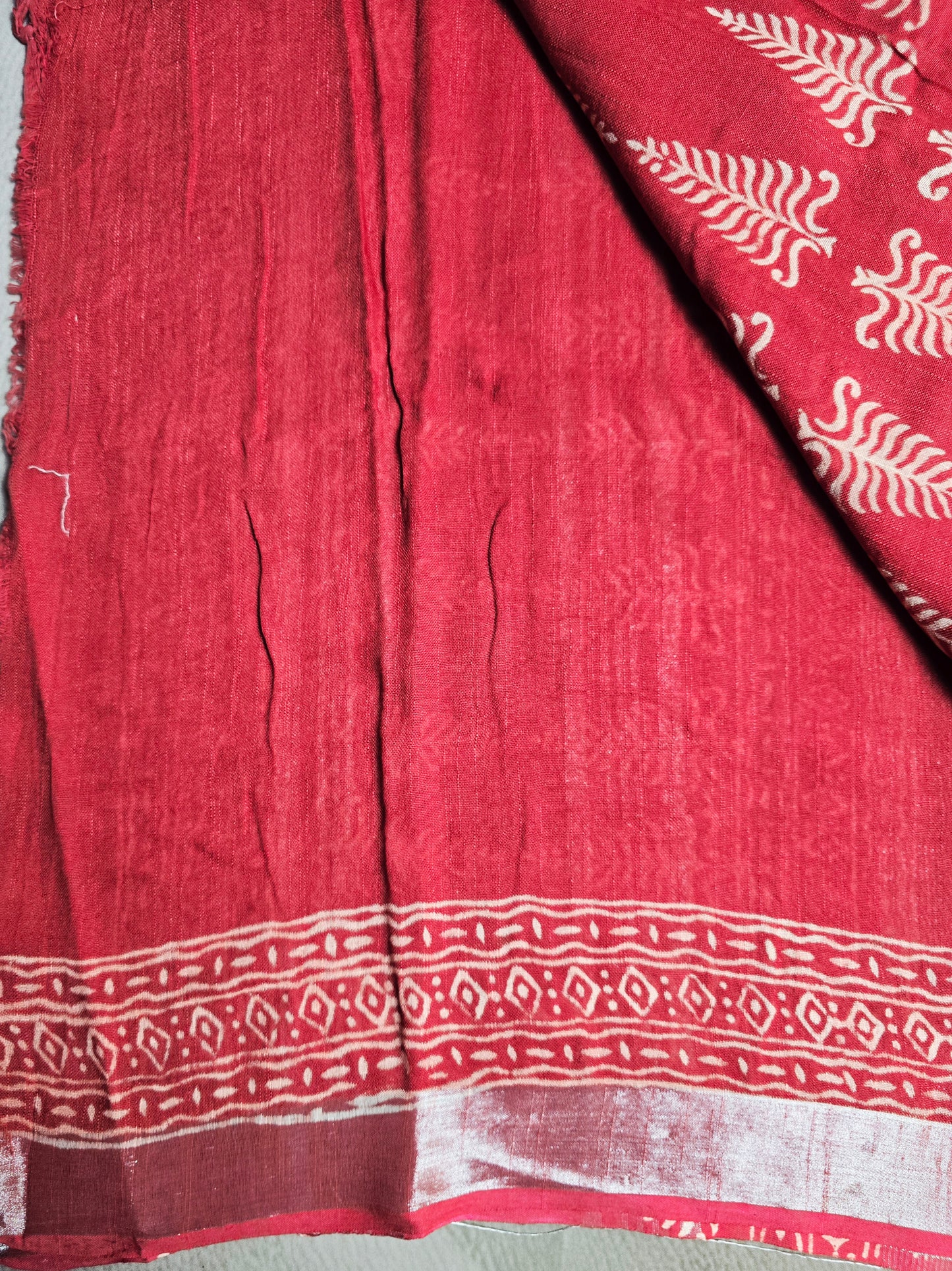 Crimson Red Linen Cotton Saree with Ivory Leaf Motifs & Geometric Handblock Border