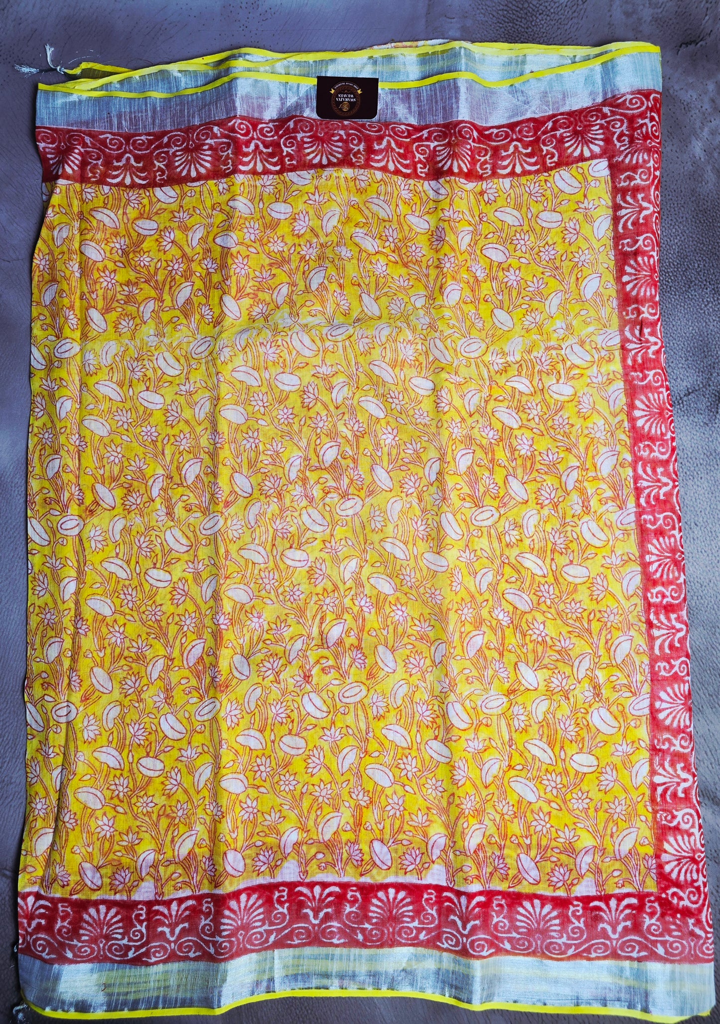 Sunshine Yellow & Red Linen Cotton Saree with Floral Vine Print & Ornate Red Borders
