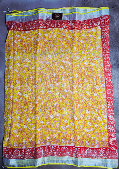Sunshine Yellow & Red Linen Cotton Saree with Floral Vine Print & Ornate Red Borders