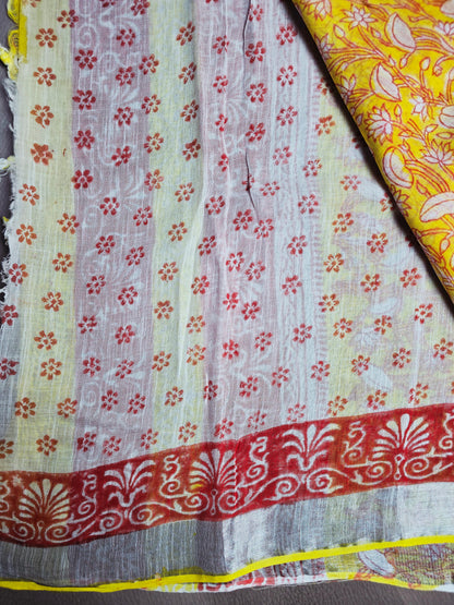 Sunshine Yellow & Red Linen Cotton Saree with Floral Vine Print & Ornate Red Borders