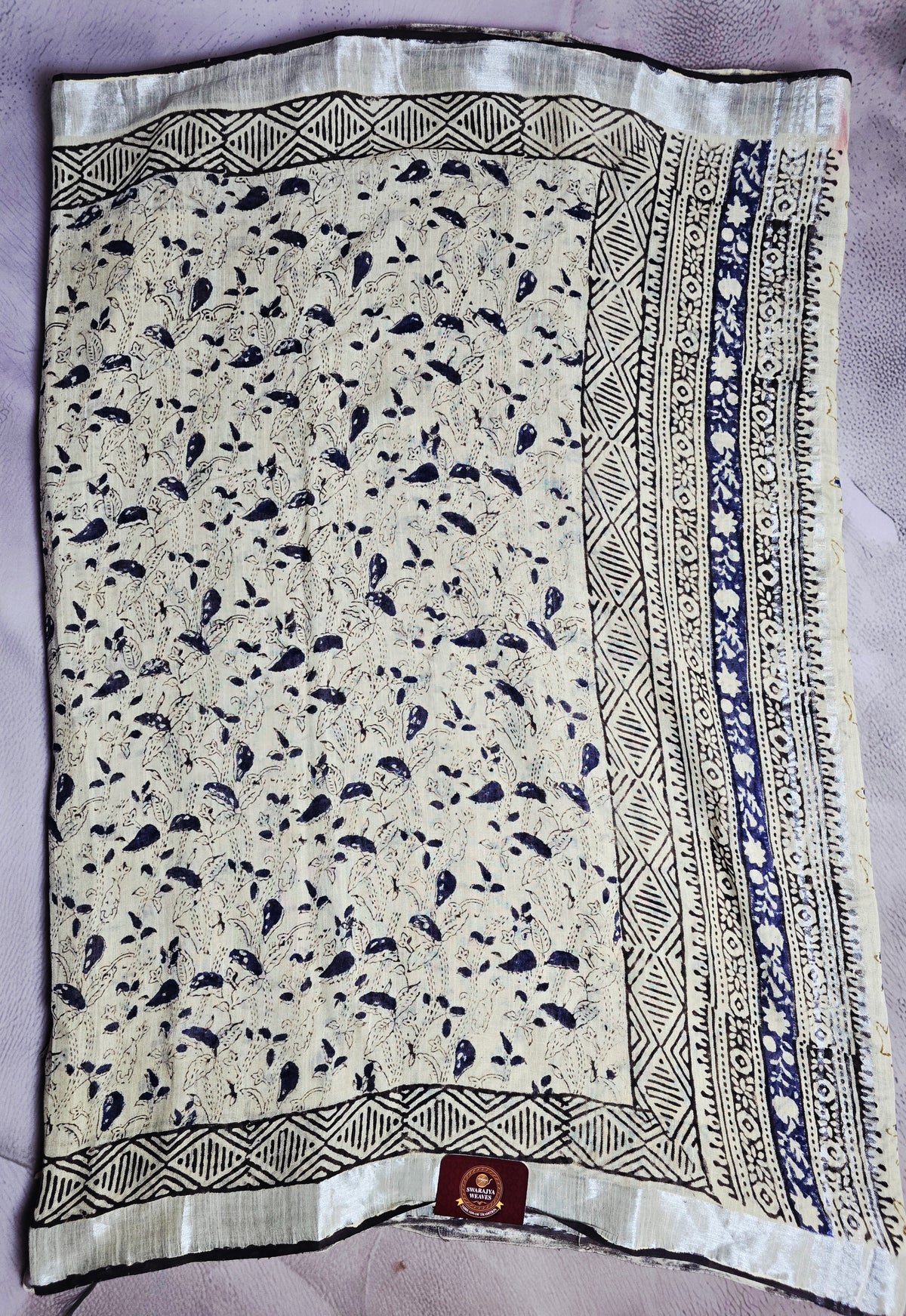 Ivory & Navy Linen Cotton Saree with Delicate Paisley Print & Geometric Floral Borders