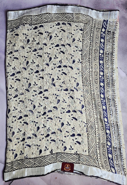 Ivory & Navy Linen Cotton Saree with Delicate Paisley Print & Geometric Floral Borders