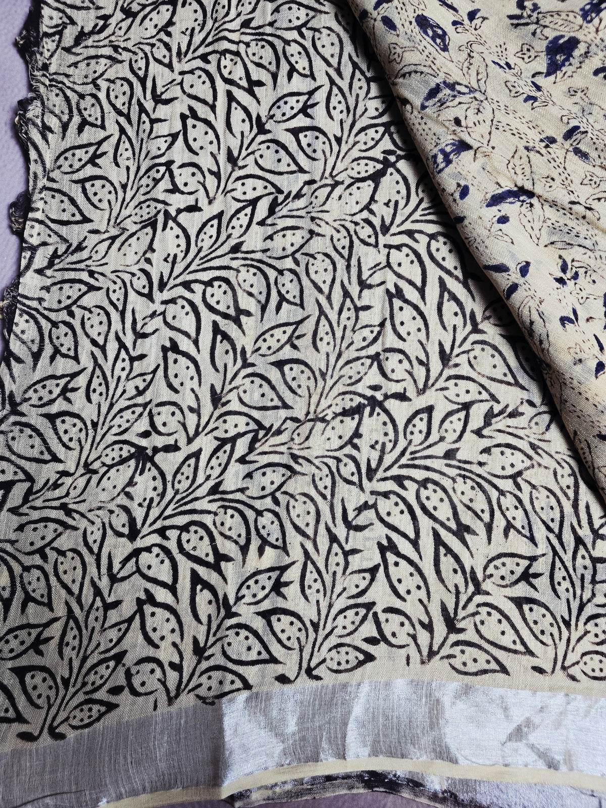 Ivory & Navy Linen Cotton Saree with Delicate Paisley Print & Geometric Floral Borders