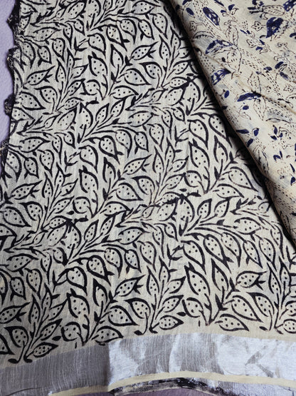 Ivory & Navy Linen Cotton Saree with Delicate Paisley Print & Geometric Floral Borders
